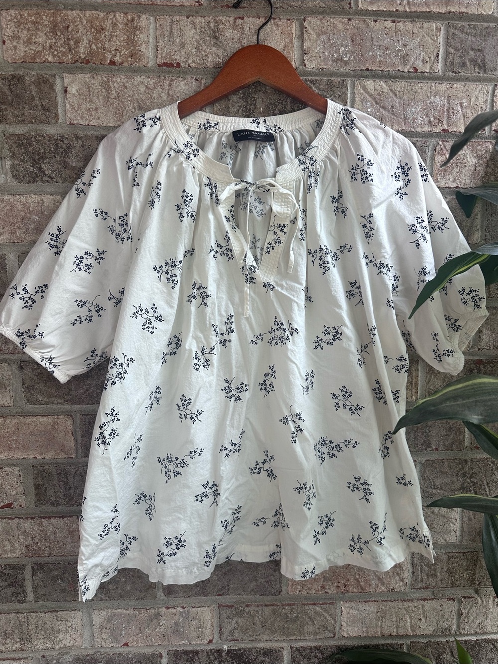 Lane Bryant Feminine White Cotton Floral Tie-Front Peasant Blouse